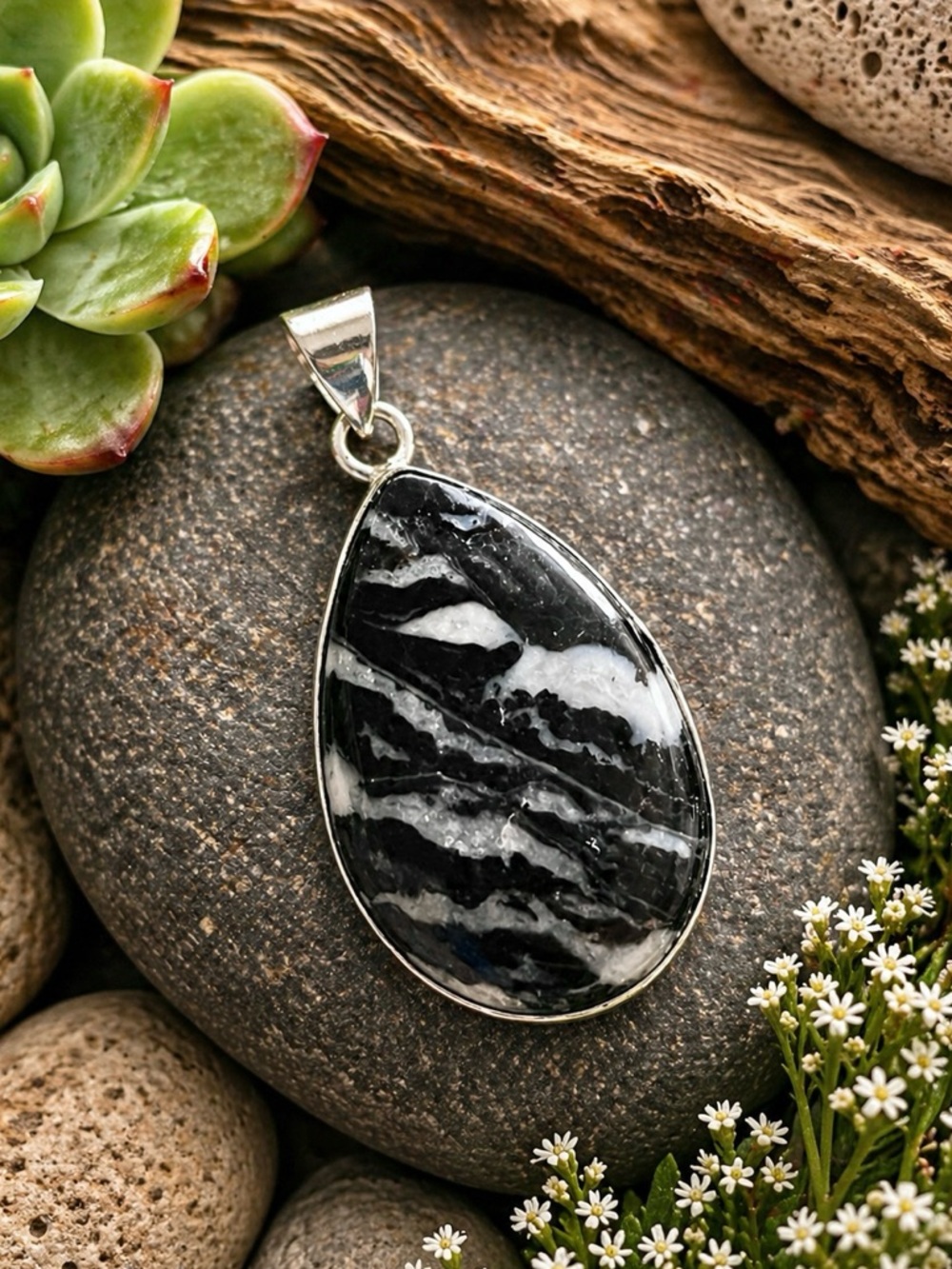 Zebra Jasper Sterling Silver 2” Pendant